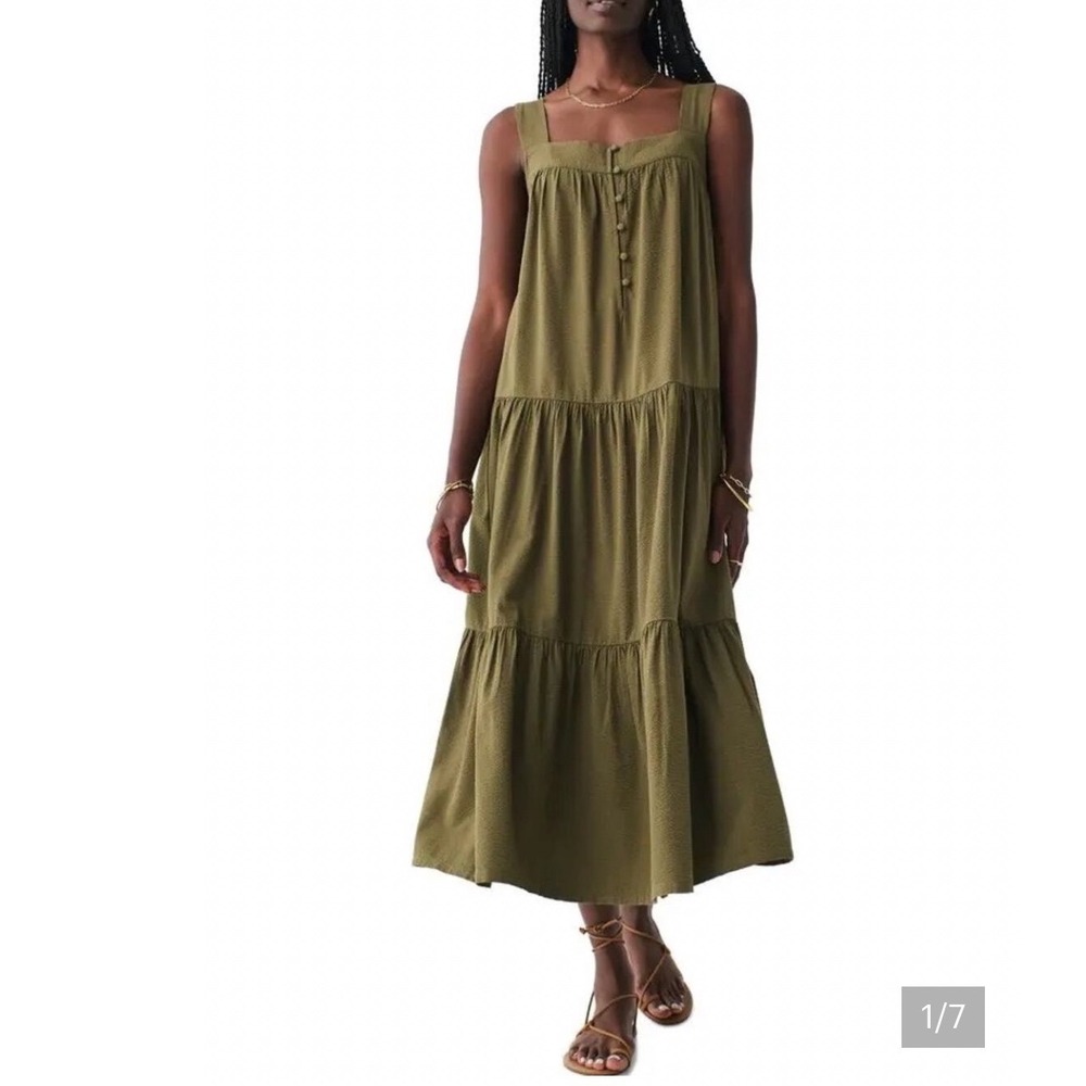 Faherty‎ Marina Tiered Seersucker Military Olive Green Maxi Dress Large